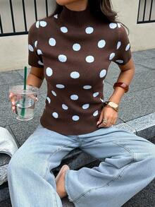 Siren Gaze Women's Brown Polka Dot Turtleneck Short-Sleeved Wool Knit Top Suitable For All Seasons World Cup Brunch Everyday Summer Casual French Retro High Tea - Brown - View 9