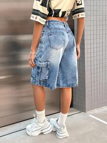 SHEIN 青少年女孩夏季休閒水洗工裝牛仔短褲 - 淺色水洗藍 - 查看 2