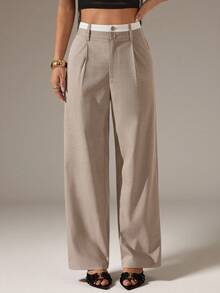 Vivamere Women's Casual Versatile Daily Outing Long Pants With Pocket And Button ,Petite Women - Khaki - View 6