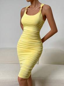 SHEIN X Belle Mariano Vestido ajustado tank unicolor fruncido - Amarillo - Ver 7