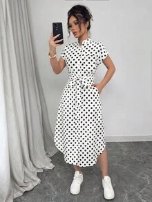 SHEIN Raffinéa 女款休閒度假旅行豹紋前扣鈕扣腰帶蝴蝶結口袋側開衩2025夏季新款短袖長洋裝 - 白色 - 查看 6