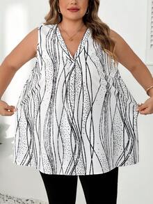 SHEIN CURVE+ 大尺碼夏季休閒條紋無袖襯衫 - 黑與白 - 查看 4