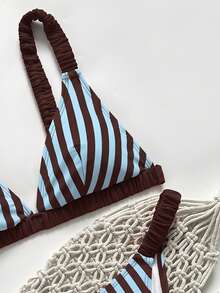 Swim Mod Women's Summer Vacation Casual Beach Wear Red & Blue Striped Print Two Pieces Bikini Set Tie-Up Swimwear - Multicolor - View 4