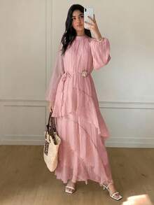 Solavon New Ruched Multi-Layer Flounce Cinched Waist Flowy Beach Dress, Flattering And Suitable For Vacation And Beach Unlined Sleeves - Pink - View 7