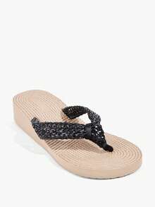 Grefit Damen Flip-Flops, strohgewebte Keilabsatz-Plateau-Pantoletten, Bohemian-Stil gewebte Lässig-Pantoletten, und bequeme Strand-Urlaubssandalen - Schwarz - Übersicht 8