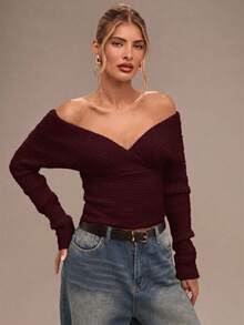 SHEIN BAE Regular Women's Solid Color Off-Shoulder Long Sleeve Fitted Fashion Sweater - Purple - View 7