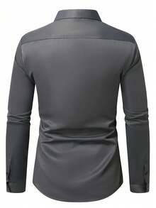 Manfinity Mode Men's Plus Size Business Casual Front Button Long Sleeve Shirt, For Fall, Formal, Ceremony - Dark Grey - View 2