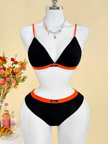 Eraneu 2pcs/Set Conjunto de lencería cómodo y colorido con copa triangular de color contrastante - Negro - Ver 6
