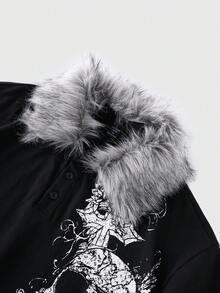 ROMWE MEN Goth 男士毛絨拼接骷髏印花休閒百搭短袖 Polo 衫 - 黑色 - 查看 6