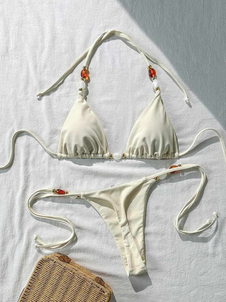 Swim Mod Women's Solid Color Halter Neck Metal Decor Sexy Bikini Set, Spring/Summer - Apricot - View 1