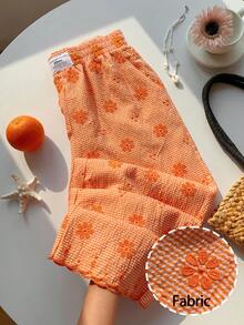 SHEIN Tall CURVE 大尺碼女款花卉刺繡貼布休閒長褲 - 亮橙色 - 查看 5