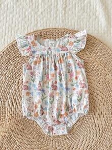 SHEIN LMoss Kids Baju Terusan Bayi Perempuan Baru Lahir Lucu untuk Musim Panas, Kasual, Motif Bunga, Lengan Bergelombang - MultiWarna - View 6