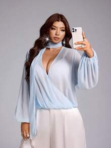 Viva Relle Damen Große Größen einfarbige Überlappung V-Ausschnitt Langarm sexy Chiffon Bluse - Blau - Übersicht 4