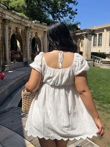 Lyrianda Plus Size Women's French Square Neck Puff Sleeve Embroidered Lace Cinched Waist Doll Dress, Gentle Style A-Line Short Sweet Pure Slimming Summer Short Dress, Pure White Minimalist Square Neck Date Casual Versatile Short Sleeve Summer Cool Dress - White - View 2