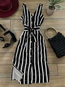 INAWLY 女款條紋V領單排扣休閒無袖洋裝 - 彩色 - 查看 3