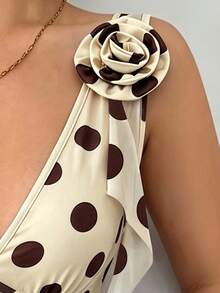 SHEIN Raffinéa Brown And White Polka Dot,Summer,Girly,Date Night 3D Floral Deep V-Neck Mesh Patchwork Stretchy Bodycon Ruched High Slit Ruffle Mini Dress,Y2K - Yellow - View 2
