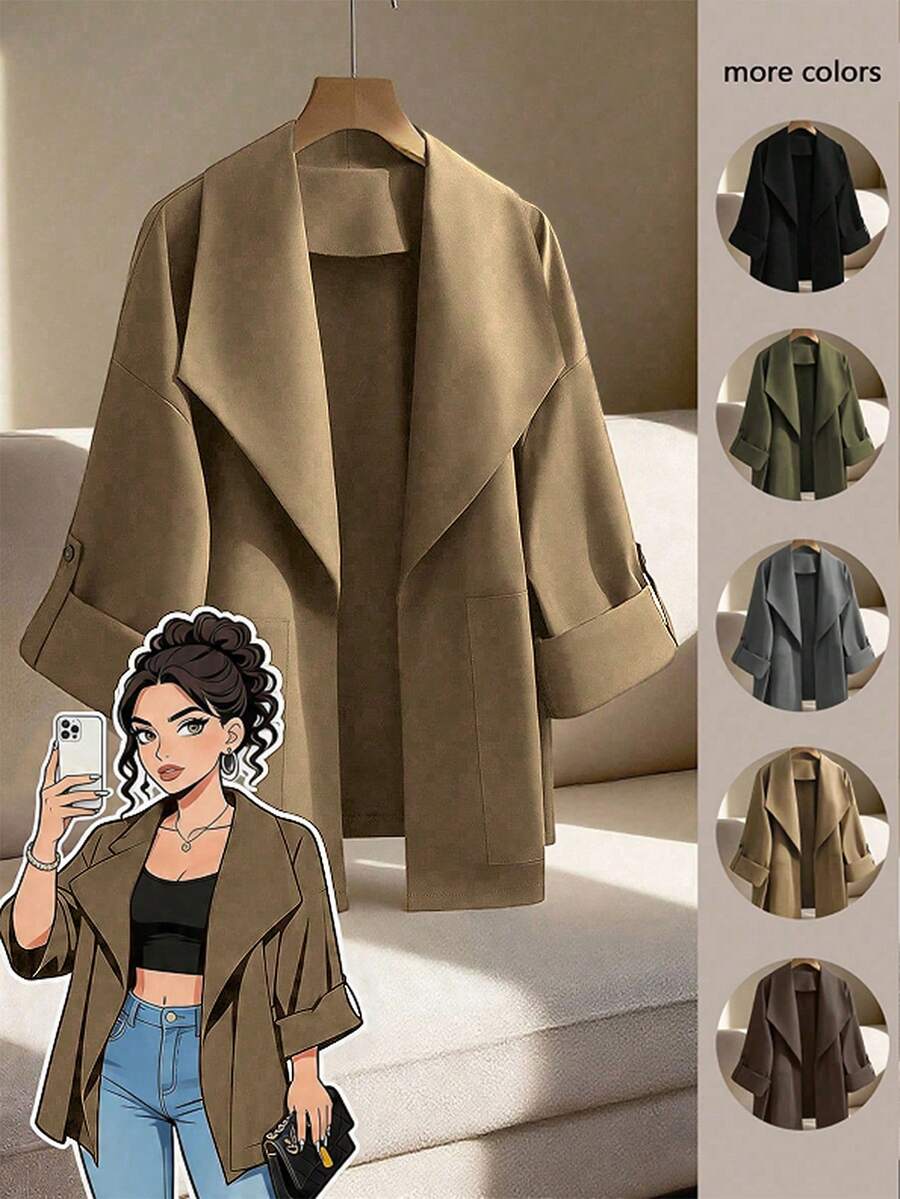 GlowEve Women's Solid Color Casual Versatile Daily Travel Trench Coat Jacket - Khaki - View 1