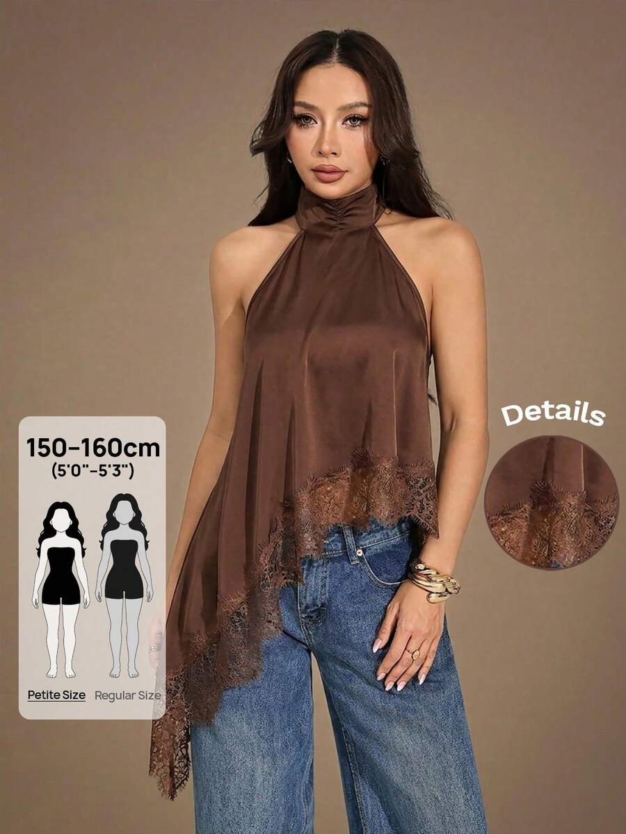 SHEIN PETITE Women's Lace Patchwork Halter Backless Sexy Versatile Top For Dates & Outings,Summer Top ,Petite Women