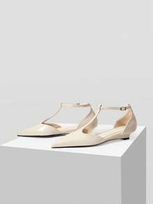 Mnmlis Pointed Simple T-Buckle Design Wedge Heel Shoes Commuter Versatile On Daily Dating Dinner Party - Beige - View 2