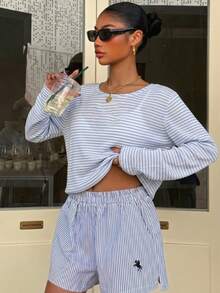 Muchica Women's Spring/Summer Casual Striped Long Sleeve T-Shirt - White - View 6