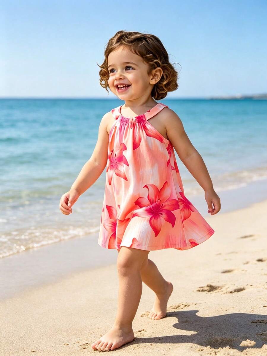 SHEIN Playful Pals 女嬰粉色花卉掛脖細肩帶洋裝,可愛夏季度假穿搭,優雅甜美花卉印花,時尚休閒無袖日常穿著 - 粉色 - 查看 1