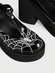 Sugerpunk Zapatos de mujer de moda con tacón inclinado y plataforma, estilo punk gótico de calle, punta redonda, suela gruesa, diseño de hebilla con bordado de hilo de telaraña - Negro de carbón mate - Ver 3