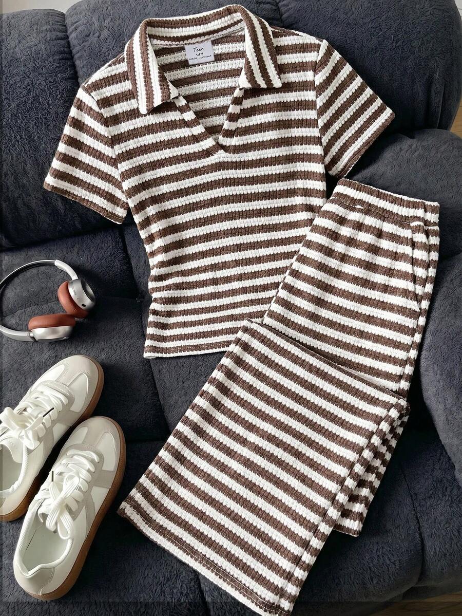 SHEIN 青少年女孩春夏季百搭簡約學院風V領短袖縮腰修身短版 Polo 恤與長褲兩件套開學穿搭 - 彩色 - 查看 1