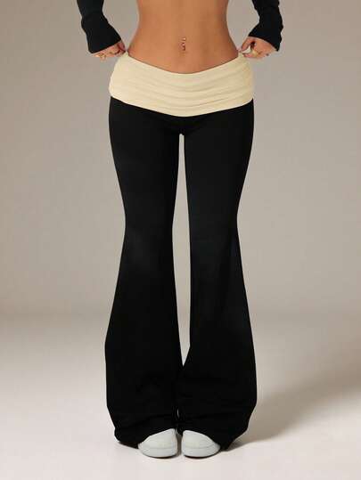 SHEIN PETITE Contrast Color Folded Waist Flare Pants Gym Black Autumn Y2k