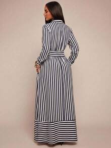 Radiana Women's French Elegant Navy And White Vertical Striped Collared Slim Fit Full Skirt Dress Shirt Dress Work Old Money Style Office Autumn - Blue and White - View 3