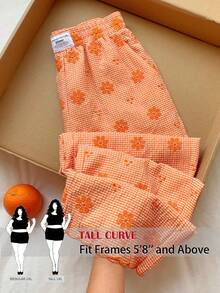 SHEIN Tall CURVE 大尺碼女款花卉刺繡貼布休閒長褲 - 亮橙色 - 查看 2