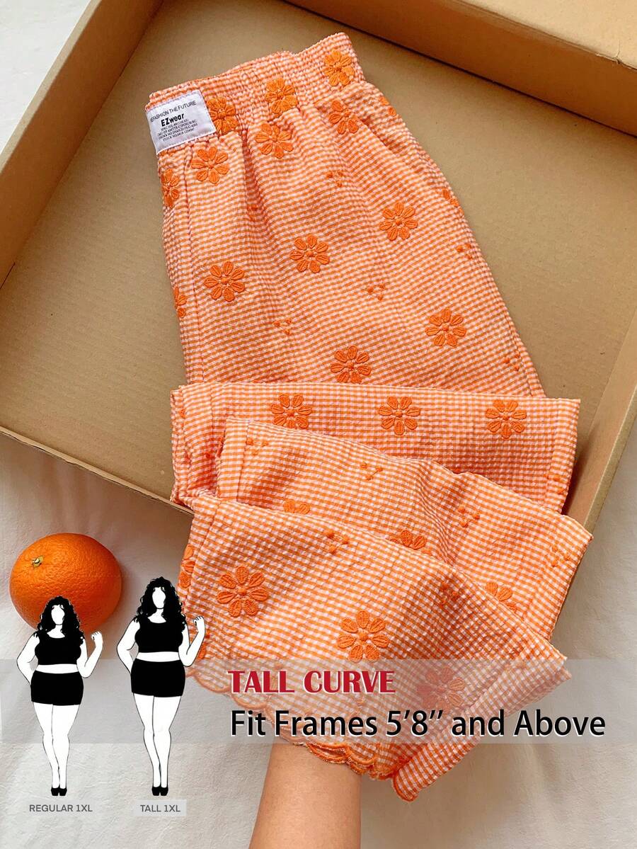 SHEIN Tall CURVE Plus Size Women's Floral Embroidered Patch Casual Long Pants Fall - Burnt Orange - View 1