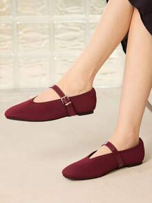 MOTF PREMIUM Zapatos planos Mary Jane con hebilla de cuero PU para Navidad y primavera - Burdeos - Ver 8