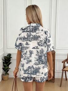 Easowa 女款度假植物印花短袖襯衫與短褲休閒兩件套，休閒服飾 - 黑與白 - 查看 2
