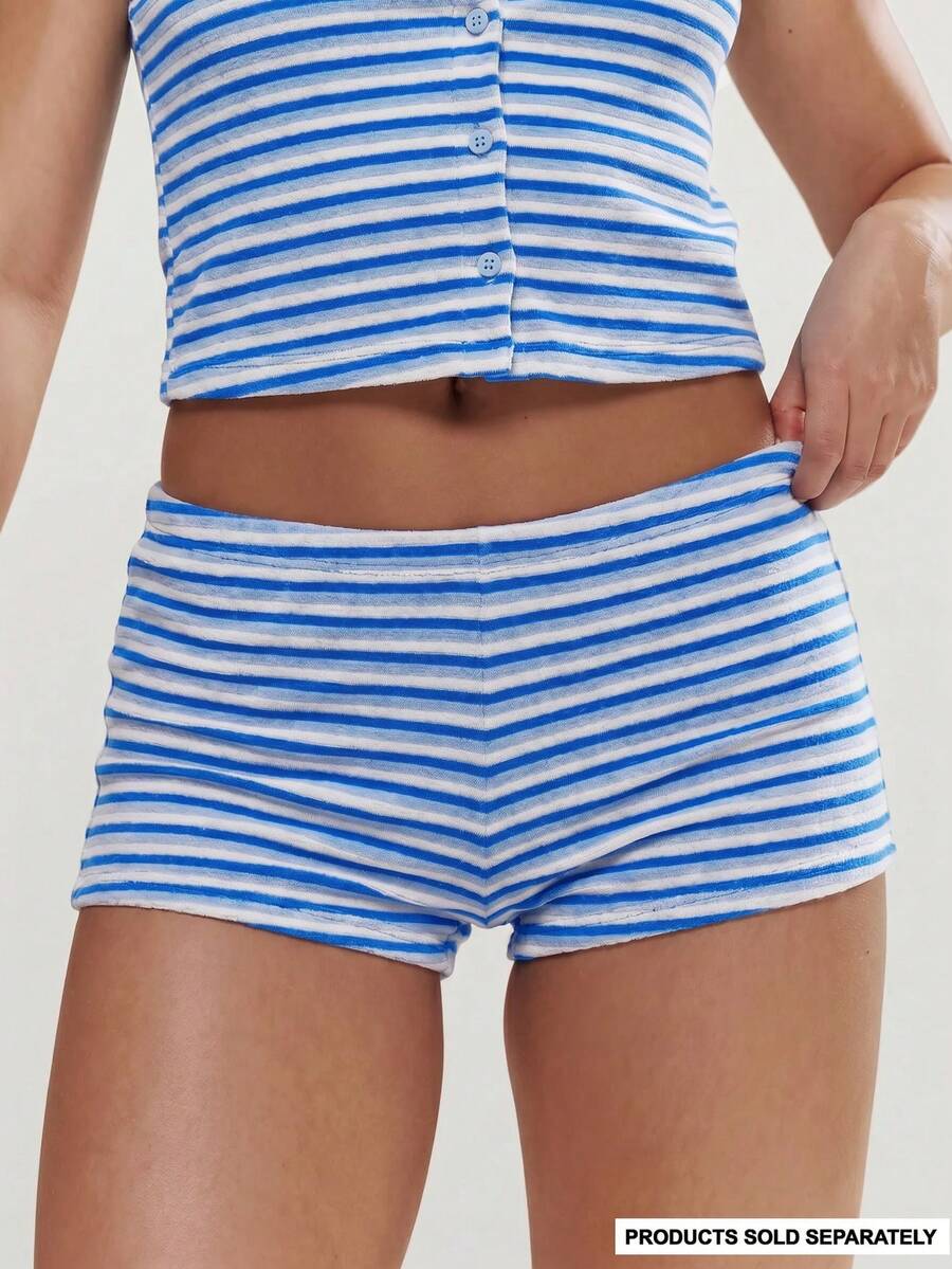 MUSERA Striped Fleece Towelling Low Rise Fitted Micro Shorts Hotpants Only Spring Summer Cute Girly Holiday - Blue - View 1
