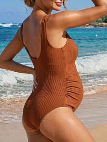 SHEIN Maternity Solid Color Casual Tank One-Piece Swimsuit For Vacation - Orange - View 2