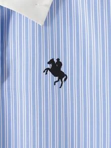 SHEIN 兒童青少年女孩 Polo 領條紋刺繡圖案短袖中長洋裝，對比色荷葉領花瓣袖印花洋裝，適合學校、戶外活動、購物，鈕扣洋裝 - 藍色 - 查看 4