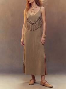 Fembélia Women's Casual Boho Vacation Long Dress With Tassel Decor And Spaghetti Straps Khaki Summer - Khaki - View 4