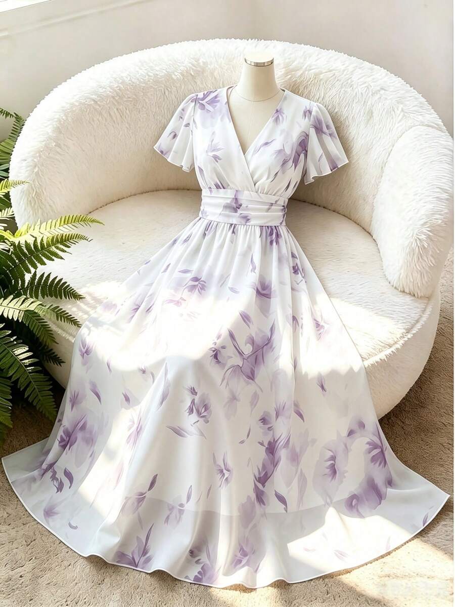 GlowEve CURVE Plus Size Women's French Floral Chiffon Dress, V-Neck Waist-Cinching Slimming Elegant Long Vacation Fairy Dress Wedding Guest White Summer - Purple - View 1