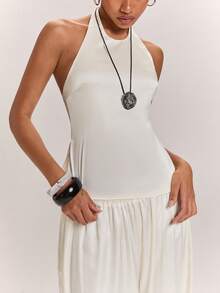 SHEIN BAE Conjunto de 2 piezas para mujer con top de tirantes halter sin espalda y pantalones farol en beige albaricoque, elegante y casual para ir al trabajo, uso diario, salidas casuales, conjunto práctico de satén albaricoque y blanco - Albaricoque - Ver 4
