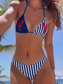 Swim Mod 女款 26 春夏新款條紋龍蝦印花雙層布料 V 領露背三角比基尼套裝 2 件組 甜美海灘度假風 - 彩色 - 查看 2