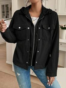 SHEIN Frenchy 女款純色連帽拉鍊休閒百搭日常長袖外套 - 黑色 - 查看 6