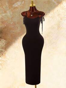 Amplova Vestido maxi ajustado con escote cuadrado, tirantes finos, lazo, espalda descubierta, fruncido y abertura alta - Marrón - Ver 5