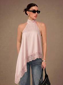 SHEIN Tall Elegant Lace Trim Backless Camisole Top, Sexy Satin Patchwork Sleeveless Blouse For Party Night Out Baby Pink Summer - Baby Pink - View 7
