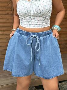 Sunnyshic Plus Size Women's Summer Loose Elastic Waist Denim Shorts - Light Wash - View 6