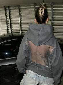 INAWLY 女款休閒性感露背網紗連帽衛衣 - 灰色 - 查看 5