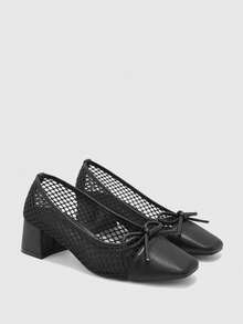 CUCCOO BIZCHIC Women's Fashion High-Heeled Shoes, Bow Stitching Mesh Rotund Heel Global Four-Season Commuting Elegant Foundation Festival Vacation Office Outdoor Daily Versatile Fall Shoes - Sunday night - View 6