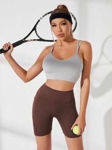 SHEIN Sports شورت رياضي نسائي بلون موحد مع شبكة متباينة (مع جيوب) - قهوة بني - مشاهدة 4