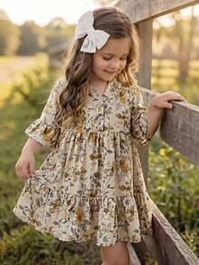 Emery Rose Kids Emery Rose Kids 女童編織立領花卉休閒洋裝 - 卡其色 - 查看 2