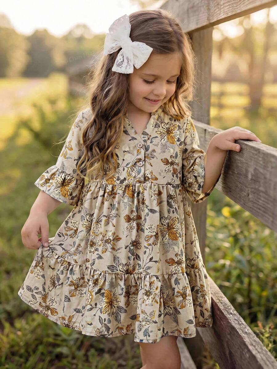 Emery Rose Kids Emery Rose Kids 女童編織立領花卉休閒洋裝