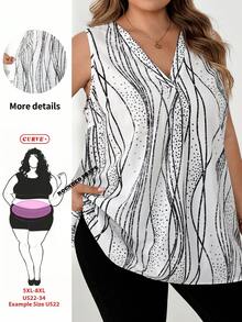 SHEIN CURVE+ 大尺碼夏季休閒條紋無袖襯衫 - 黑與白 - 查看 9